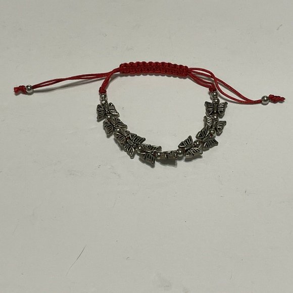 silver tone butterfly Bead red string adjustable bracelet  Anklet - Picture 3 of 6